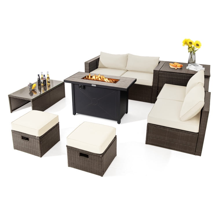GVN 9 Pieces Outdoor Patio Furniture Set with 42 Inch Propane Fire Pit Table-White, Outdoor Sofa Sectional , Coffee Table for Patio Back Deck, Balcany, Poolside GVN 9 Pieces Outdoor Patio Furniture Set with 42 Inch Propane Fire Pit Table-White, Outdoor Sofa Sectional , Coffee Table for Patio Back Deck, Balcany, Poolside