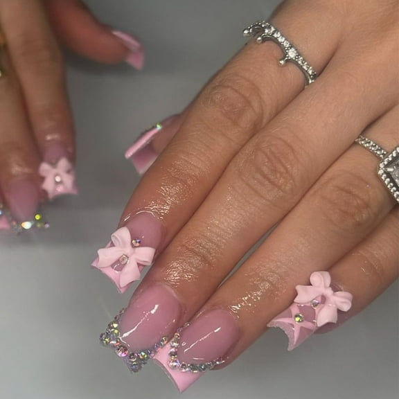 24Pcs Spring Press on Nails Medium Almond Fake Nails 3D Pink Flower Resin Rhinestone Charms with Pearl Glitter Designs Nude Pink False Nails Glue on Nails for Women Girls Acrylic Nails Decorations