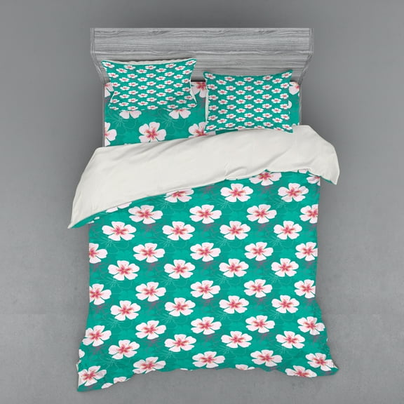 Ambesonne Floral Bedding Set 4 Pcs, Simple Garden Flower Motifs, Queen, Pale Pink Turquoise