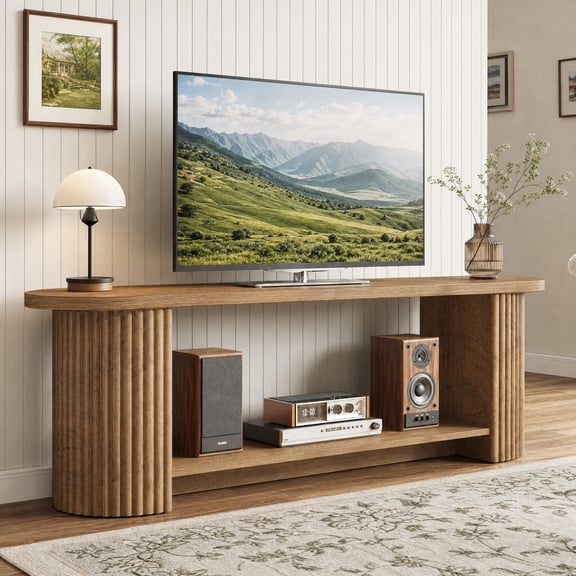 Fnova 63" Fluted TV Stand for TVs up to 75", Farmhouse 2-Tier Entertainment Center, Media Console for Living Room, Brown