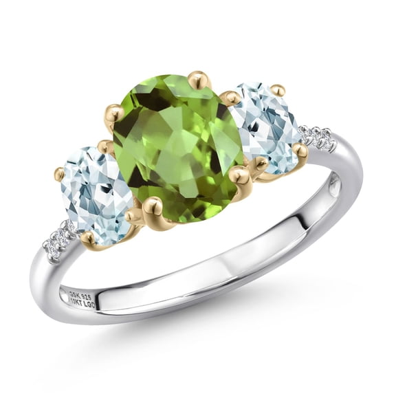 Gem Stone King 925 Silver and 10K Yellow Gold Green Peridot and Sky Blue Aquamarine and Lab Grown Diamond Engagement Ring for Women | 3.16 Cttw | Oval 9X7MM | August Birthstone | Size 5