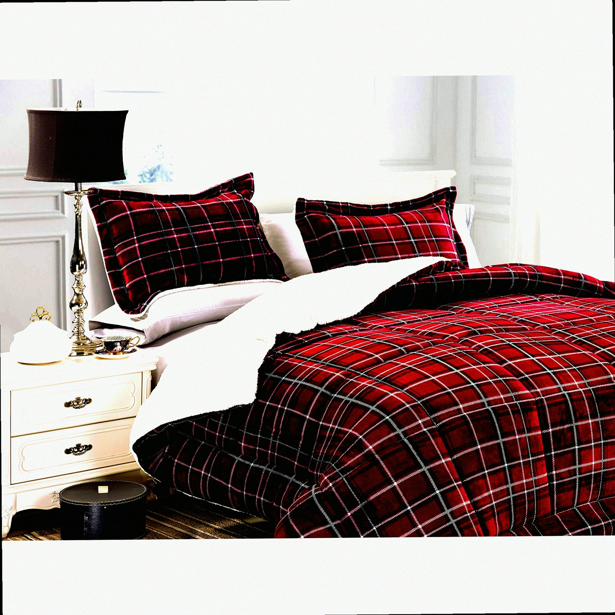Burgundy Plush Comforter Set Luxe Sherpa Micro Suede Cozy Plaid Reversible Heavy Weight Bedding Walmart