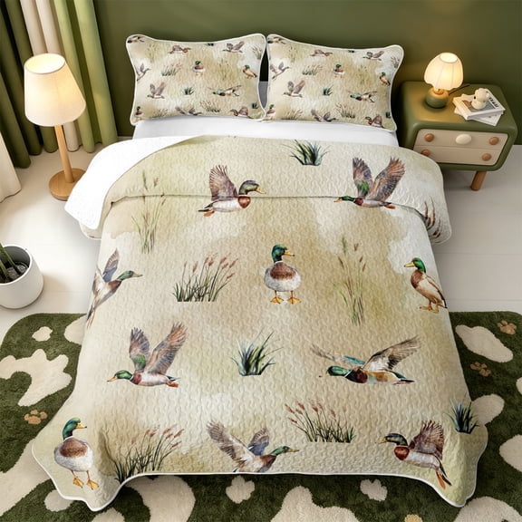 Manfei Wild Duck Print Quilt Full,Rustic Bird Full Bedspread Sets,3-Piece,1 Coverlet and 2 Pillowcases