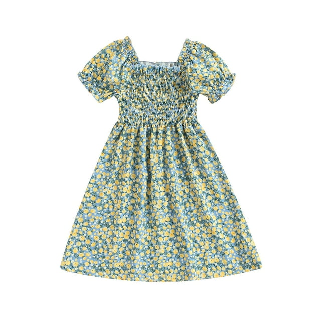 ITFABS Filles Tout-Petits Robe, Manches Courtes Enfant Froncé Taille Haute Ourlet Évasé Robes à Imprimé Floral