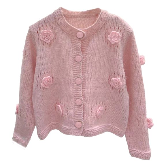 Women Autumn And Winter Rose Round Neck Knitted Button Sweater Cardigan