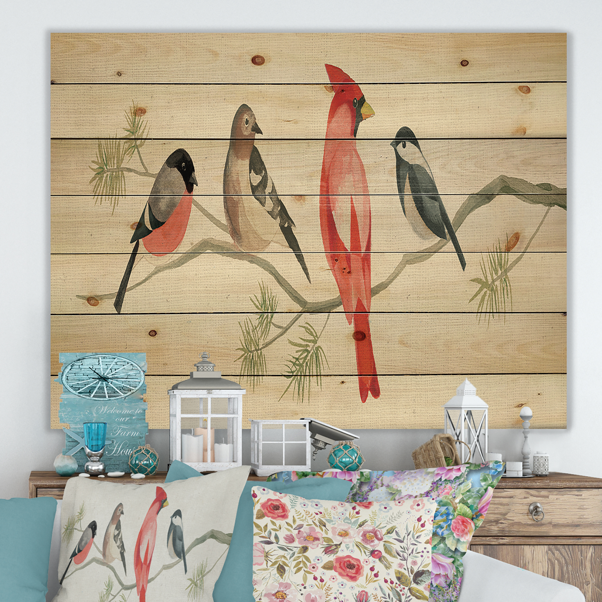 Designart 'Chickadee And Red Farmhouse Bird Sitting on Branch' Modern Farmhouse Print on Natural Pine Wood