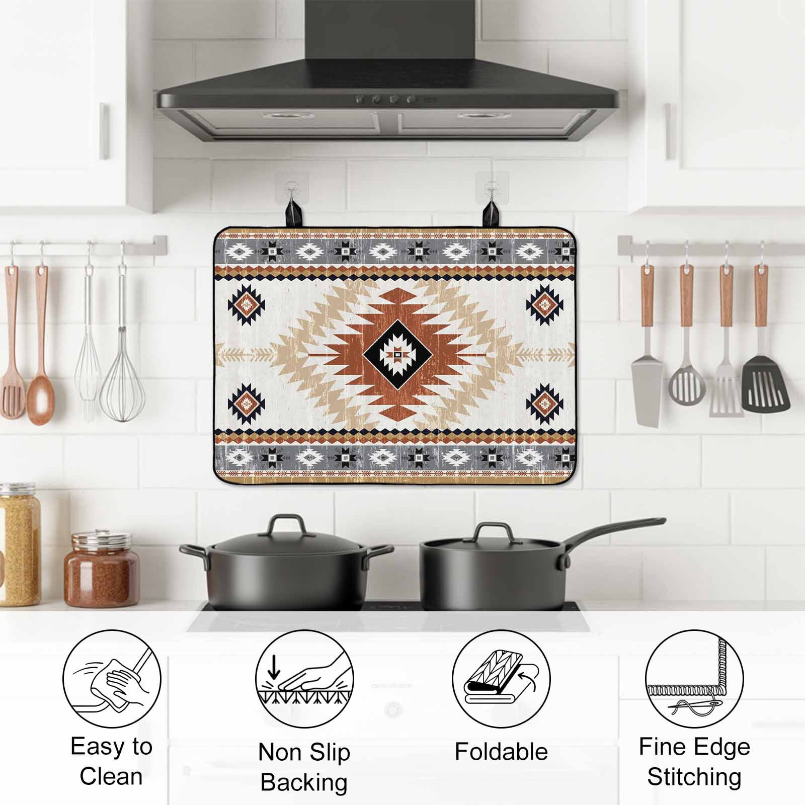 Orange Beige Boho Stove Top Cover for Electric Stove, Heat-proof & Non Slip Glass Top Stove Cover Protector, Vintage Ethnic Tribal Southwestern Kitchen Flat Cooktop Rubber Mat 31x24 Inches