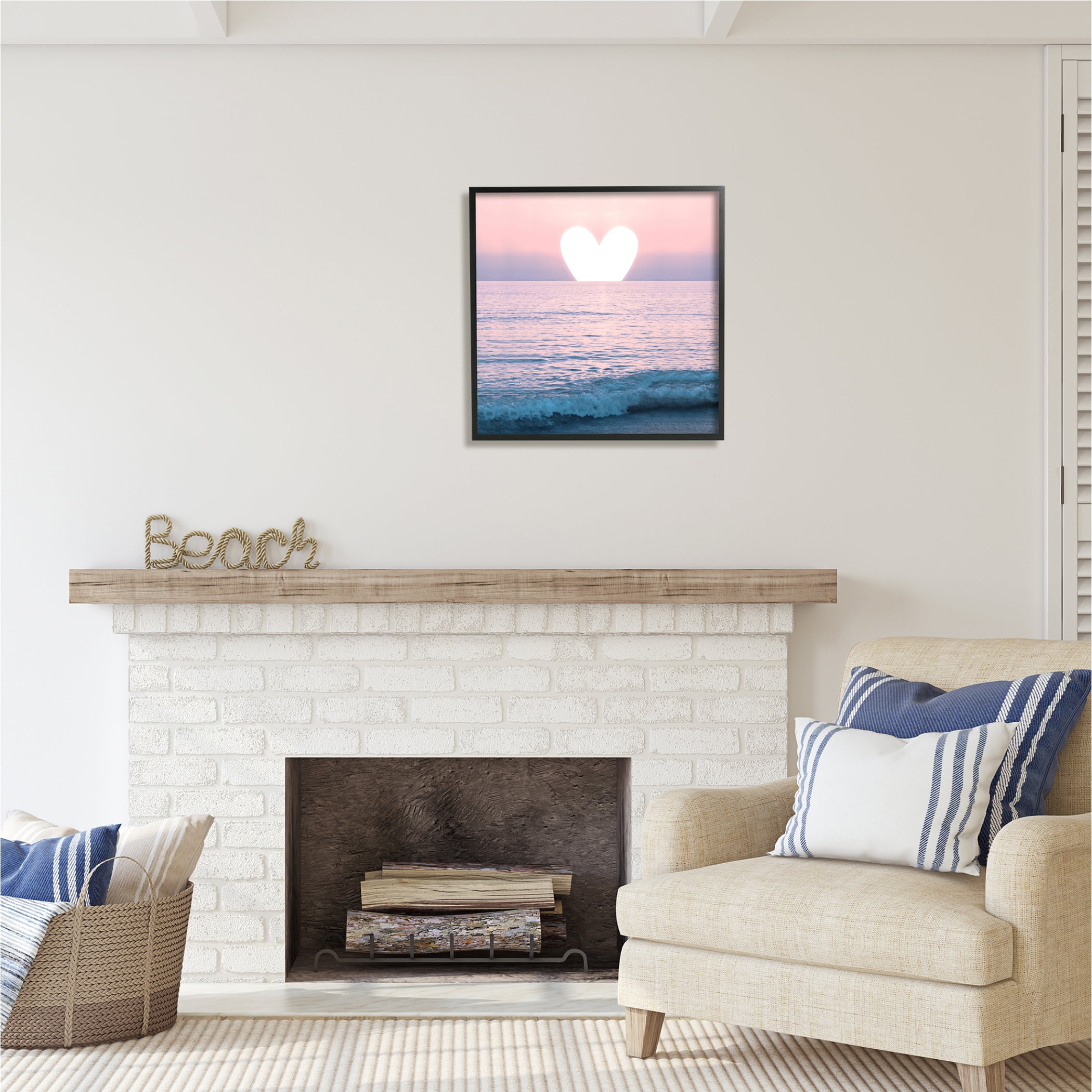 Stupell Industries Pink Heart Ocean Sunrise Nature Painting Black Framed Art Print Wall Art, 24 x 24