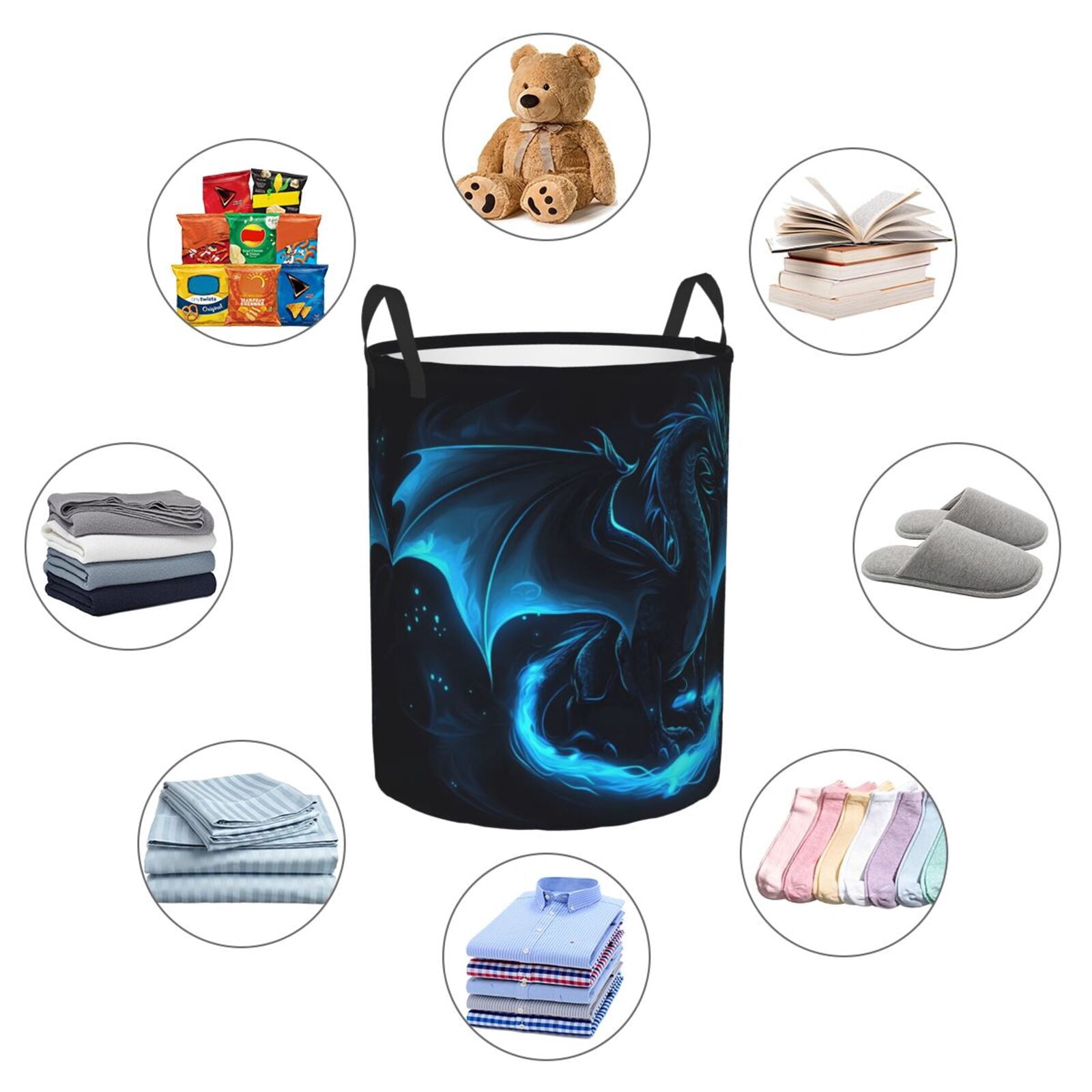 Large Laundry Basket with Handles - Ethereal Blue Fire Dragon Kids Baby Dirty Clothes Laundry Hamper for Bedroom Aesthetic