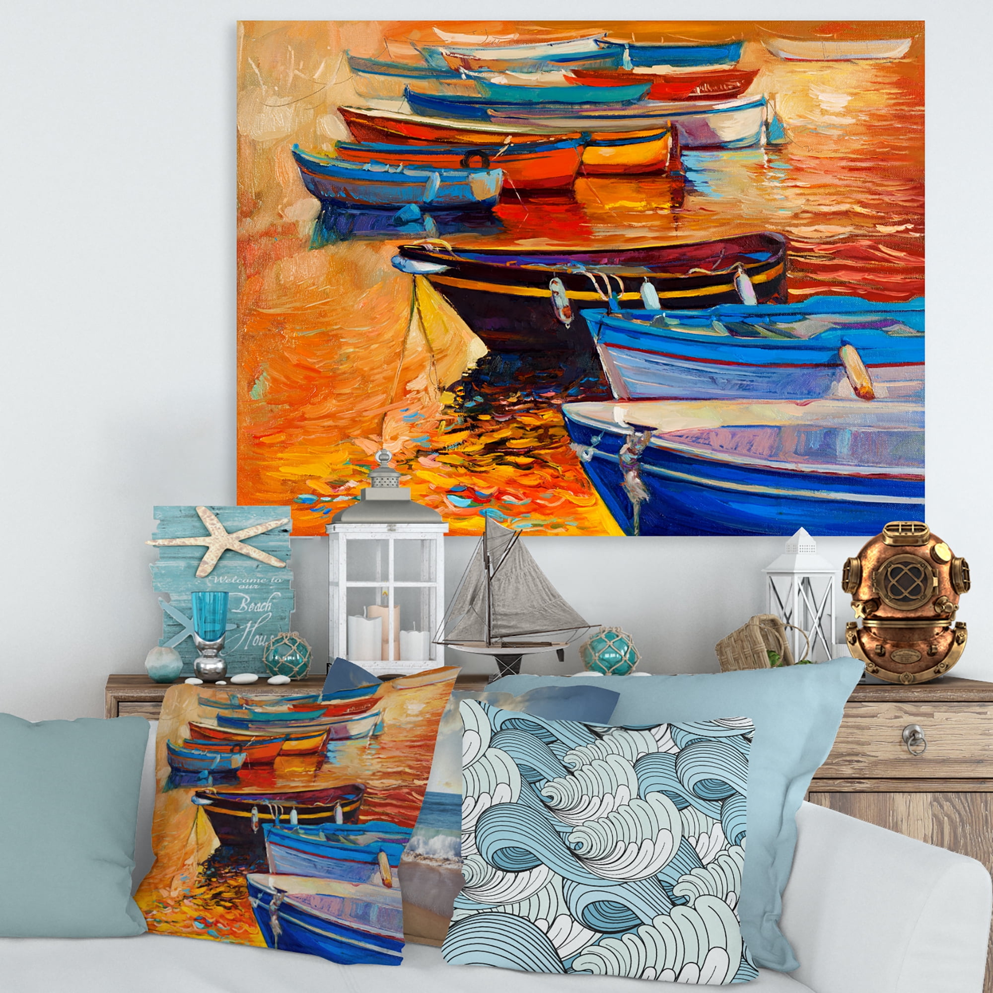 Designart ' Boats During Warm Colourd Sunset In The Harbor I ' Nautical & Coastal Canvas Wall Art Print