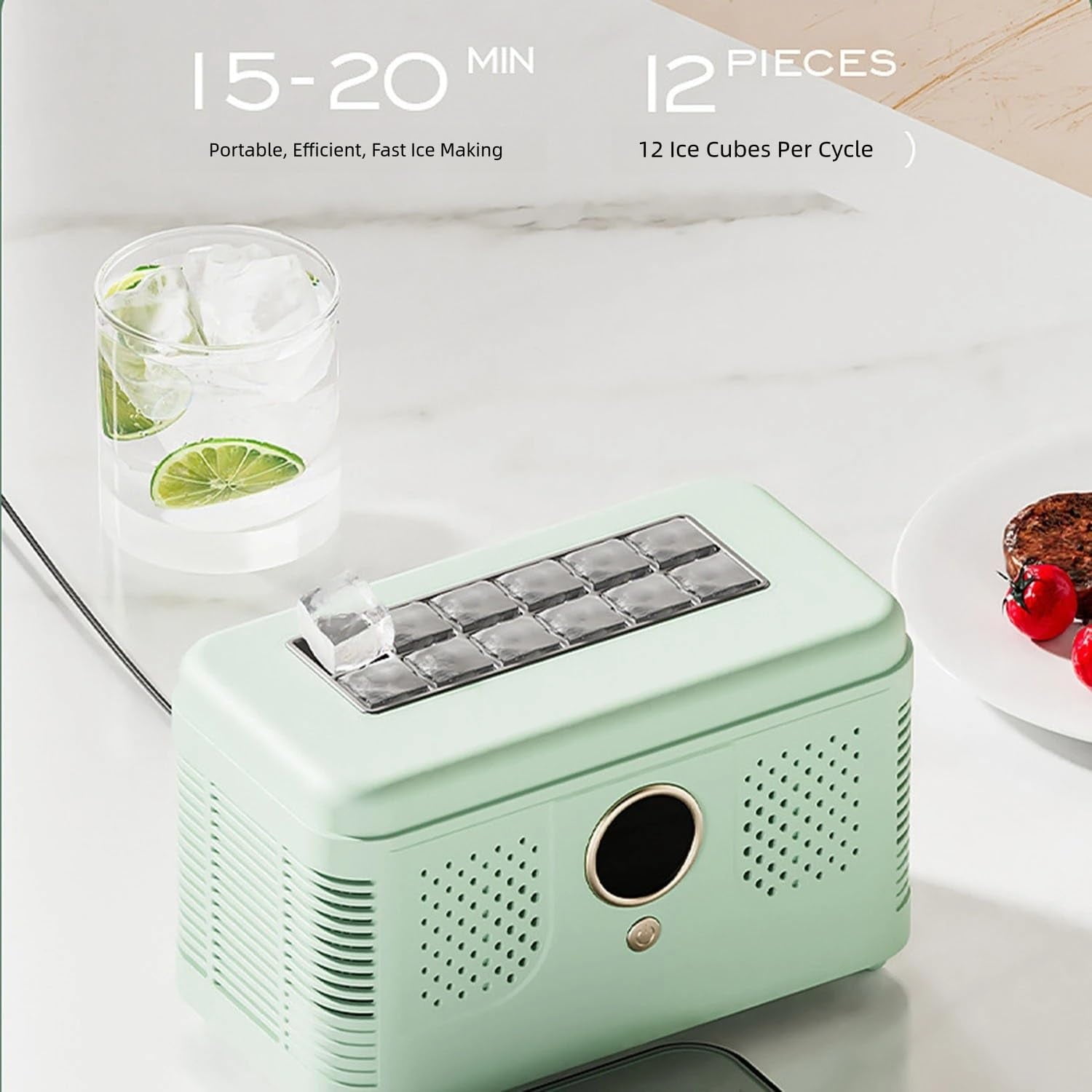 MUSICOZY Countertop Ice Maker Mini Portable,12 Solid Square Cubes in 15 Mins,Travel Ice Maker with Car Adapter,with Ice-Cubes Detachment Rack and Removable Top Cover,for Home Parties Camping Travel