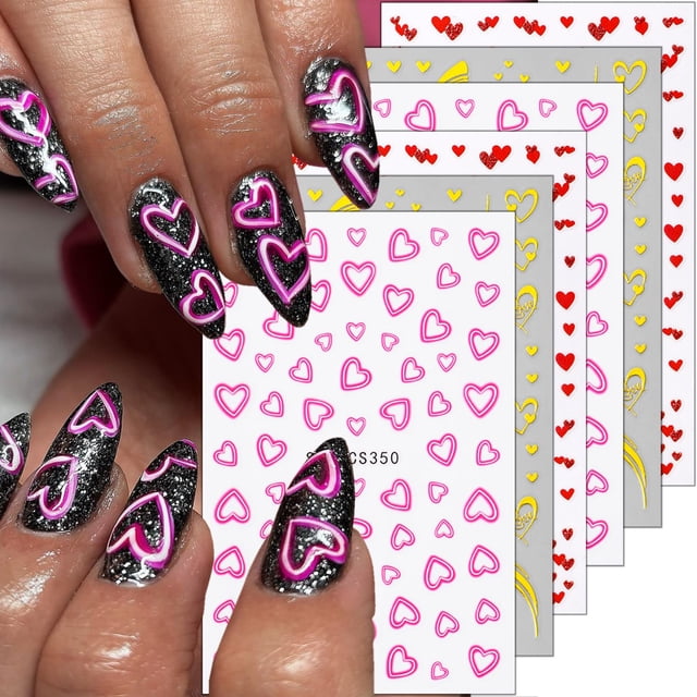 Pegatinas de uñas ZASKHLD para San Valentín, autoadhesivas, en 3D, con forma de corazón, 6 unidades
