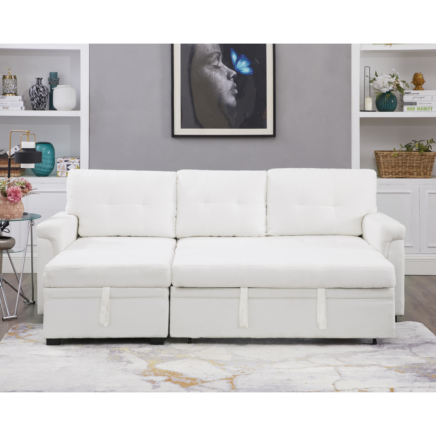 Reversible Sectional Sofa Couch, Modern Convertible L-Shaped 3-Seat Sofa Sectional with Reversible Chaise for Small Space White, Velvet