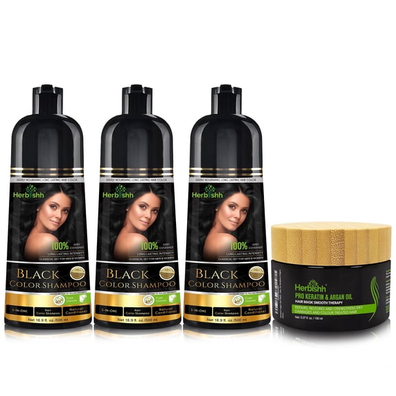 Herbishh Ultimate Hair Color Shampoo Kit for Grey Hair (3pcs Shampoo Dye +1 Argan Hair Mask) Smooth and Long Lasting, Men & Women, Easy & Quick to Use-Combo4 (Black)