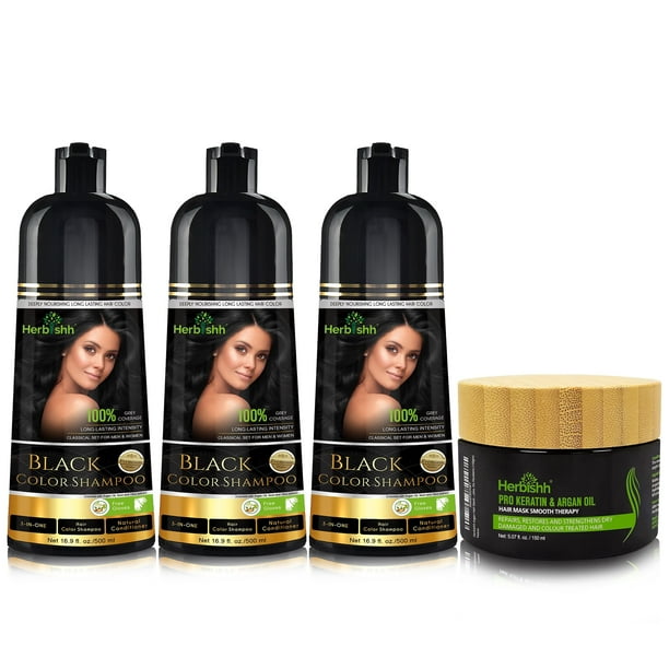 Herbishh Ultimate Hair Color Shampoo Kit for Grey Hair (3pcs Shampoo Dye +1 Argan Hair Mask) Smooth and Long Lasting, Men & Women, Easy & Quick to Use-Combo4 (Black)