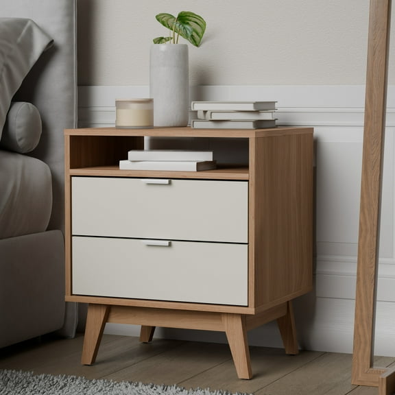 Kappesberg Hanford 2-Drawer Nightstand with Open Shelf, Brown & Cream, Mid-Century Modern - for Adults and Teens