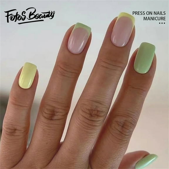 Fofosbeauty 24pcs Press on Nails, 2024 Fake Nails Coffin Tips Design, Fresh and Idyllic Yellow Green