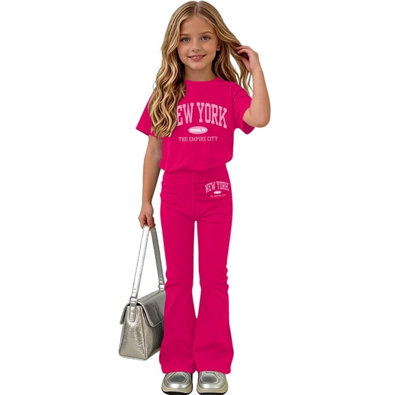 Amidoa Girls Summer 2 Piece Outfits Floral Cute Short Sleeve and Casual Pants Kids Clothing Set Hot Pink Size 12 Hot Pink Size 5T