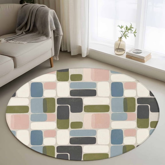 Watercolor Geometric Pattern Round Area Rug 3.3Ft Washable Circle Rugs for Dining Room Table, Modern Minimalist Art Non-Slip Carpet Floor Mats Indoor Outdoor Carpet Runner Aesthetic Home Decor