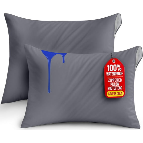 good fortune Waterproof Pillow Protectors Zippered Queen Size (2 Pack, Gray), Zippered Pillowcases, Bed Bug Proof Pillow Encasement Covers 20 x 28 Inches