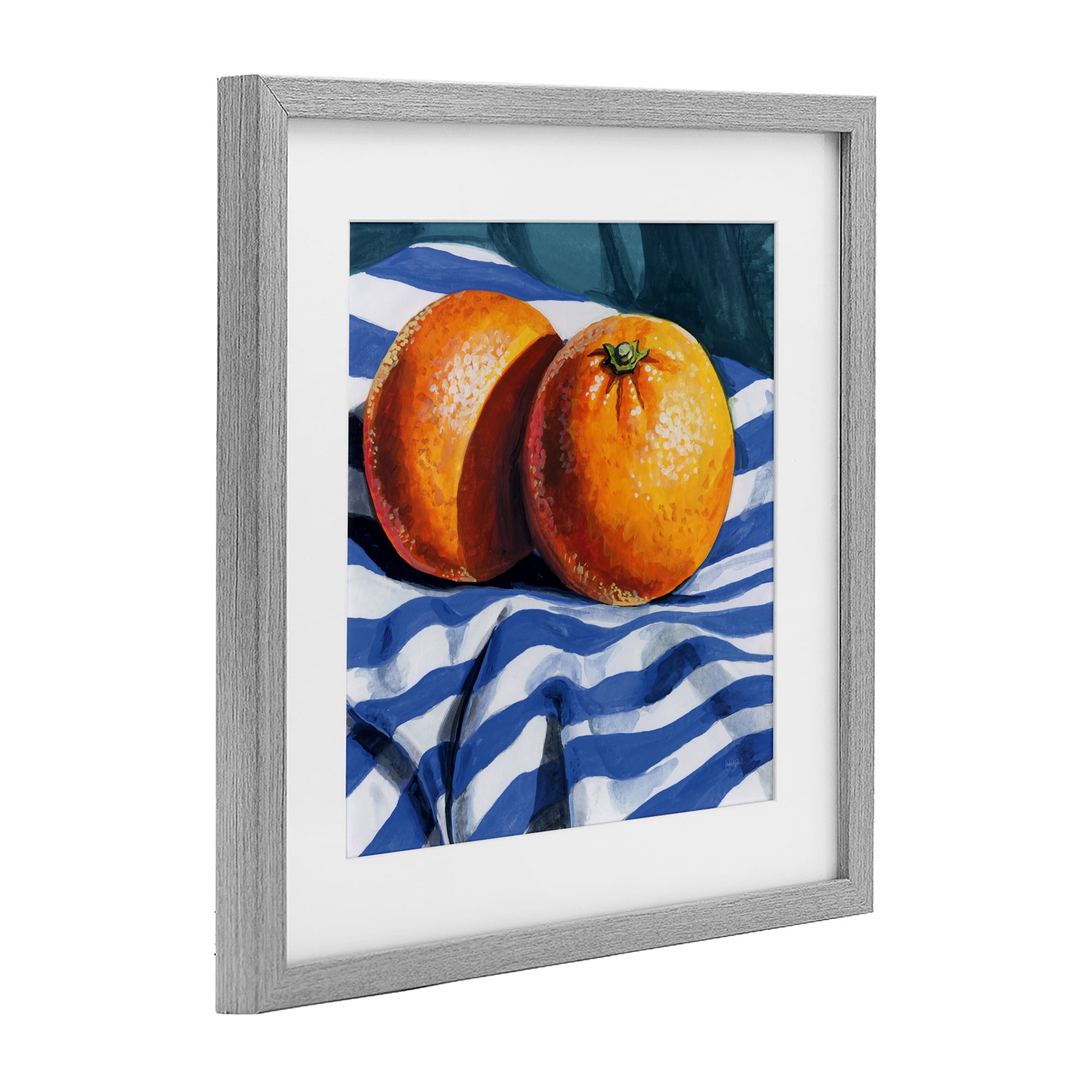 Stupell Industries Oranges On Striped Cloth Gray Framed Print Under Glass, design by Kate Jarvik Birch