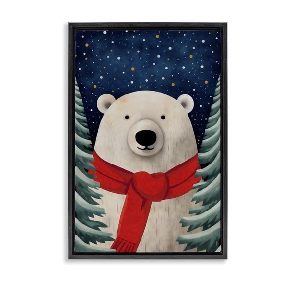 Merry Polar Bear with Scarf Black Floating Frame Canvas Art, 17 x 25, Made In USA