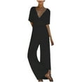 thumbnail image 2 of Cehvom Women's Solid Color V-Neck Broad Leg Chiffon Jumpsuit, Small, 2 of 6