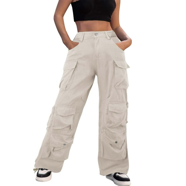 Gibobby Pantalones térmicos de mujer para el frío Pantalones cargo holgados para mujer, ropa con múltiples bolsillos, pantalones vaqueros de ajuste relajado(Beige,M)