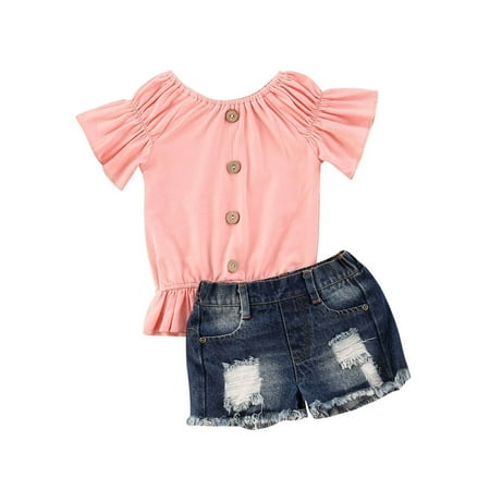 

Fesfesfes Summer Girl One-shoulder Top +hot Pants Denim Shorts Two-piece Suit