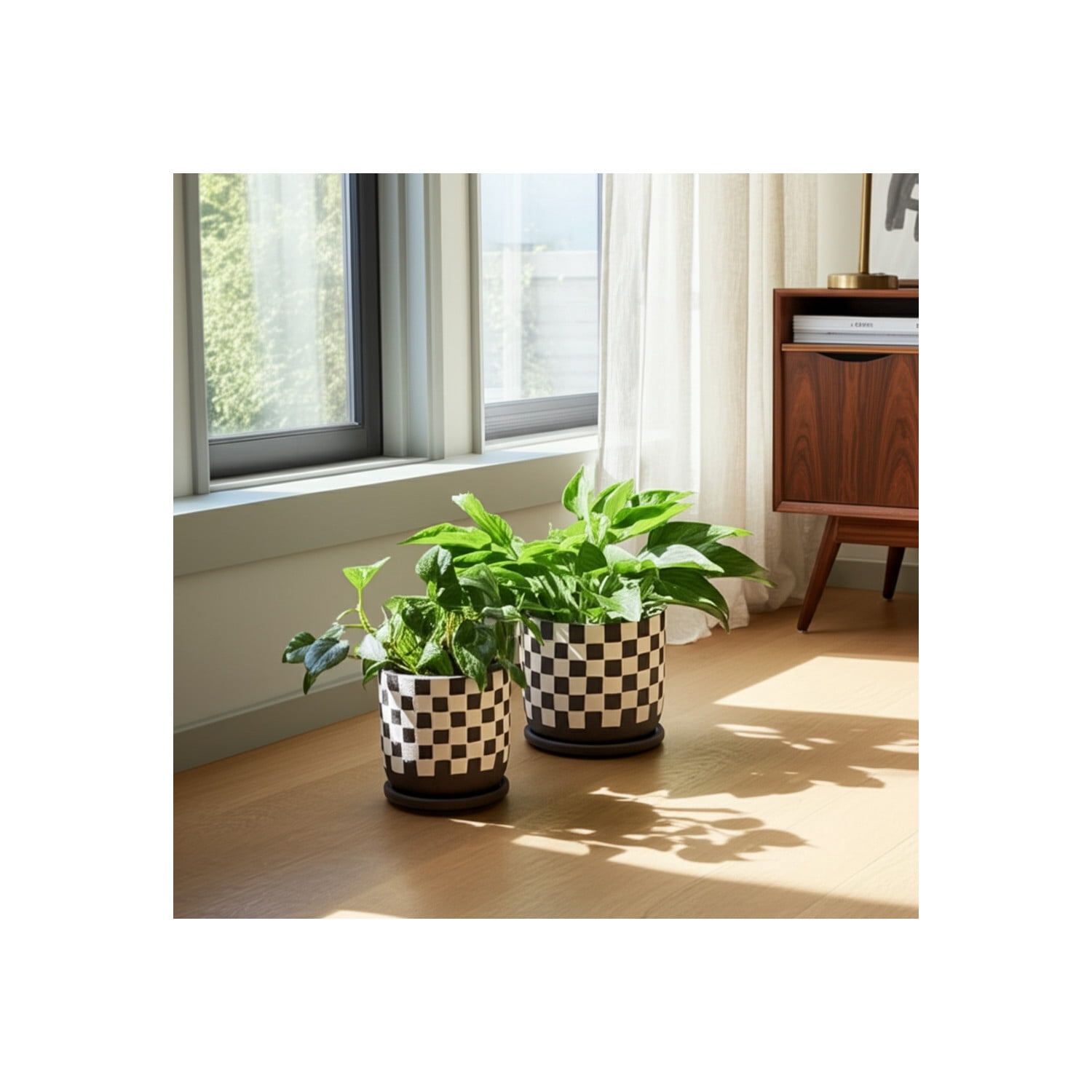 Round Checker Pattern Saucer Planters for Garden Decor - Ceramic Planter for Home and Living Room Decor - Sleek Flower Pots for Indoor and Outdoor Plants - Set of 2, 6", 5", Black & White