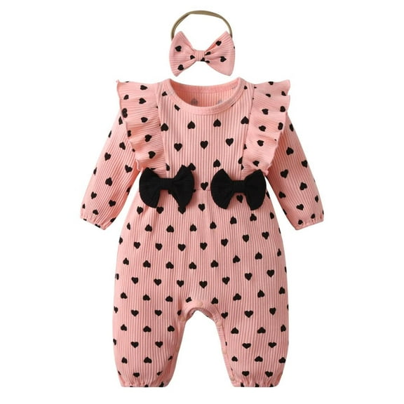 Newborn Baby Girl Long Sleeve Heart Shaped Ruffle Romper and Headband Outfit Set Pink