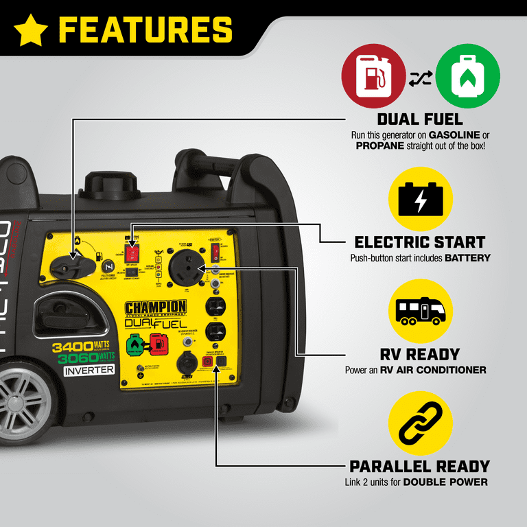 Champion 3400 Watt Dual Fuel RV Ready Portable Inverter Generator with Electric Start Champion 3400 Watt Dual Fuel RV Ready Portable Inverter Generator with Electric Start