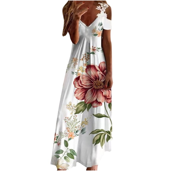 Alkepwun Beach Dresses for Women Summer Floral Print V-Neck Strap Loose Off the Shoulder Dress Casual Breathable A Line Vacation Beach Midi Dresses