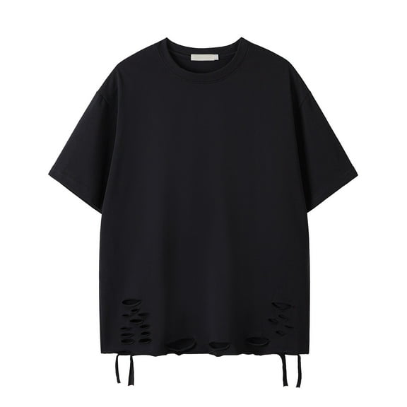 VSSSJ Men's Ripped T-Shirt Hipster Short Sleeves Summer Fashion Cool Tee Round Neck Loose Fit Solid Color Comfortable Cotton Tshirt Top White M