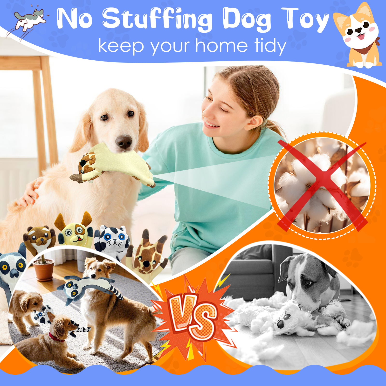 POOPONE Stuffless Plush Crinkle Dog Toys, 5-Pack photo 3
