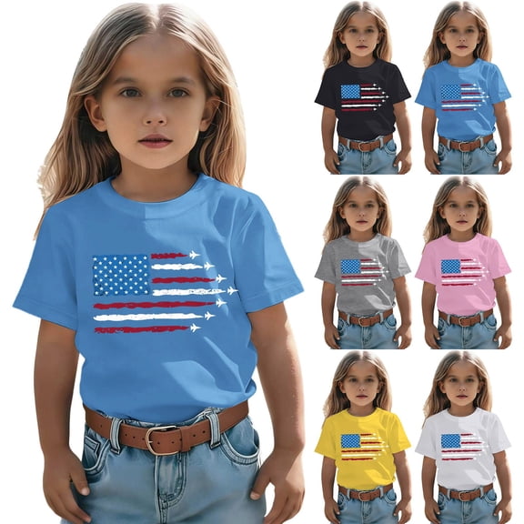 MuXiKeJi Clothes Girl American Flag Shirts Bow Tshirt 4th of July Shirt Cotton Short Sleeve Tees 2-12 Years