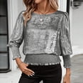 thumbnail image 2 of CLOISE Womens Dressy Tops and Blouses 3/4 Sleeve Lantern Sleeve Shirts Loose Solid Color Crew Neck Pullover Casual Fall Cropped Clothes Silver S, 2 of 7