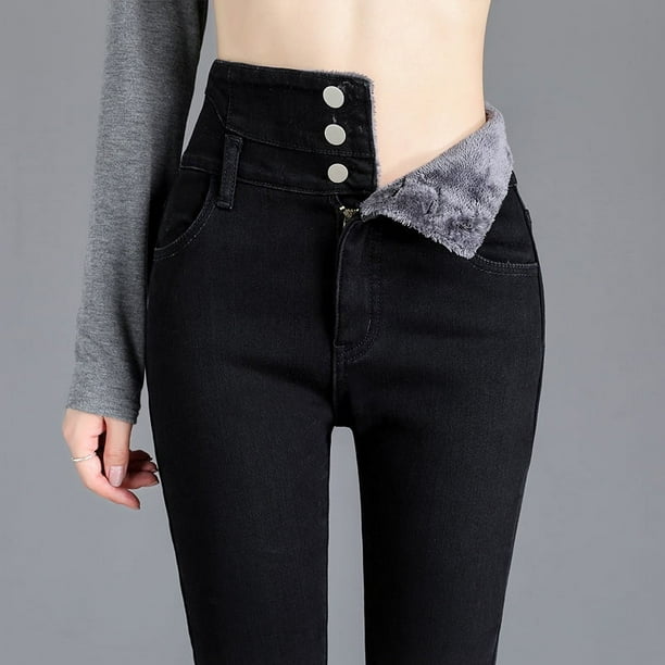 Pantalones vaqueros térmicos de lana gruesa para mujer, Jeans ajustados cálidos de cintura alta, pantalones de lápiz elásticos con botones, Jeans de terciopelo informales para mamá, Invierno