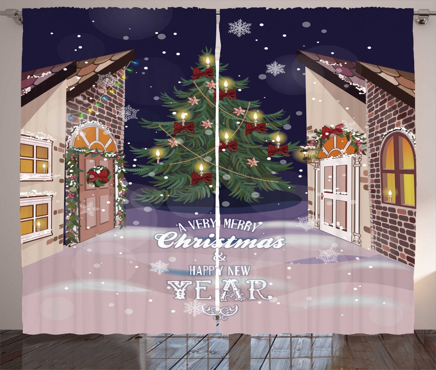 Christmas Curtains 2 Panels Set, Winter Setting Streets Filled with