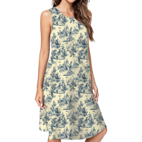 Chinoiserie Toile Blue Vintage Spring Summer Dresses For Women Fashion Dress Casual Sleeveless Loose Sundress With Pockets