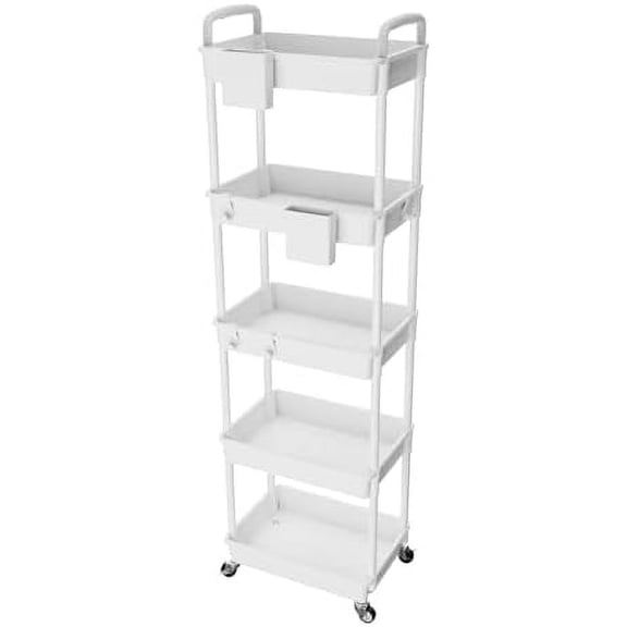 5 Tier Rolling Utility Cart with Handle, Utility Cart Made of Multifunctional Storage Organizer Tool for Kitchen,Bathroom,Living Room,Office(White)