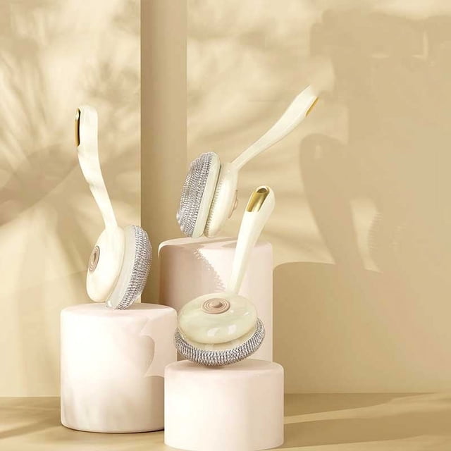 Xihbxyly Cepillo para Lavar Ollas con Mango Largo, Cabezal Esférico de Alambre de Acero, Mango Ergonómico de Pp, Diseño Fácil de Limpiar, Fregador Eficiente de Platos y Ollas, Herramienta de Cocina p