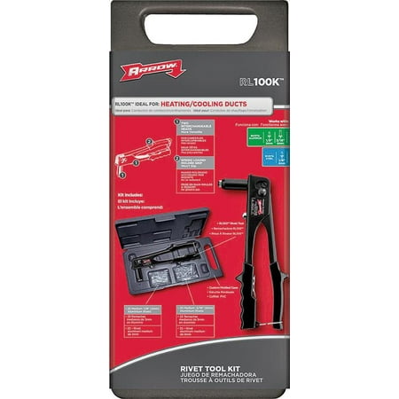 - Arrow RL100K Rivet Tool Kit, 1/8 in, 3/16 in, Spring Loaded Hi-Viz Non-Slip Grip, Vinyl Handle