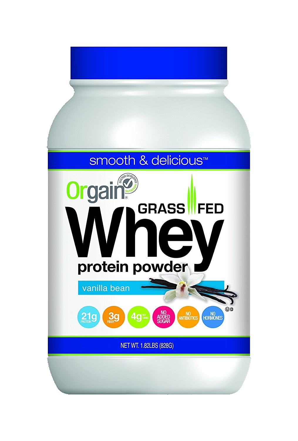 Orgain Grass Fed Whey Protein Powder, Vanilla Bean, 21g Protein, 1.82