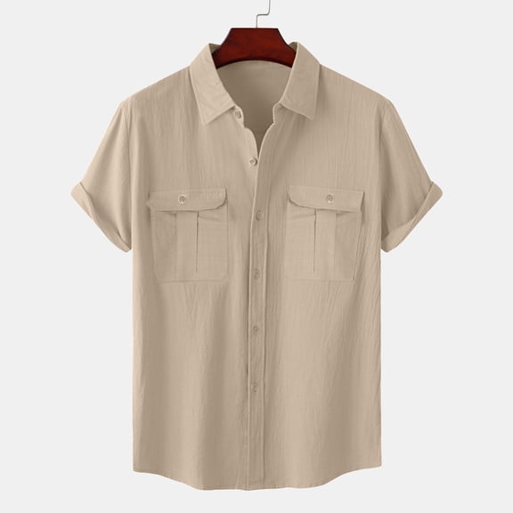 BSDJILFG Big and Tall Cotton Linen Shirts for Men Summer Breathable Casual Button Down Short Sleeve Lapel Collar Office Pocket Tees M-5XL