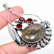 Lodolite Quartz, Garnet Gemstone 925 Sterling Silver Jewelry Pendant 2.92"