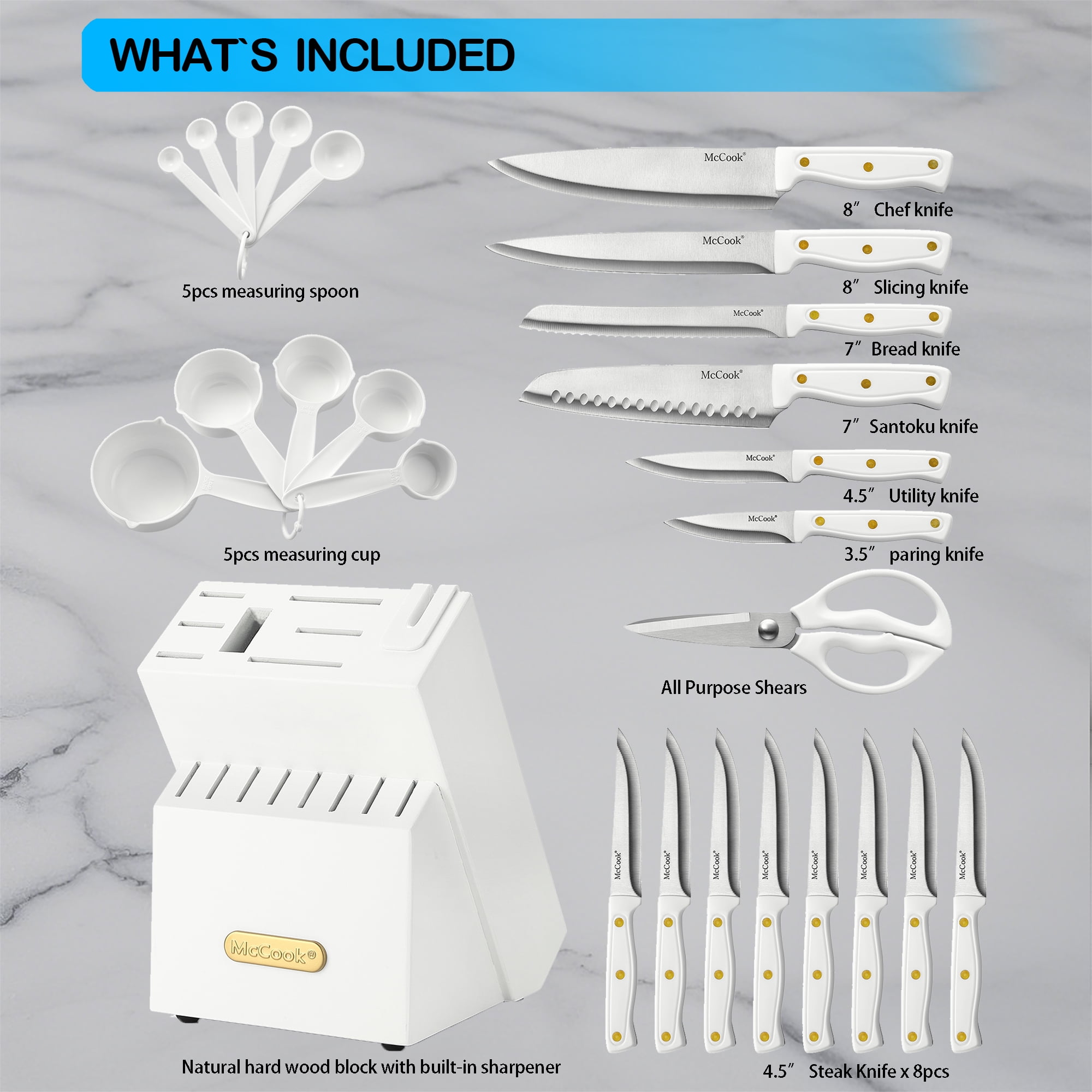 Knife set For Kitchen with Block,McCook MC703 White Kitchen Knife Sets with Built-in Sharpener,Cutlery set with Measuring Cups and Spoons For Cooking,26pcs