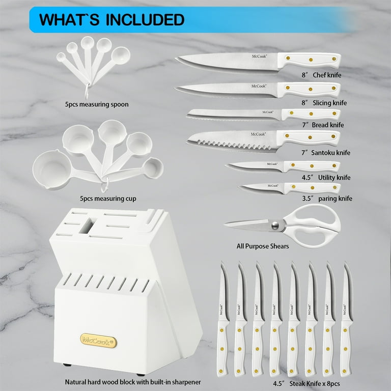 McCook 26pcs White Kitchen Knife Set with Block, Built-in