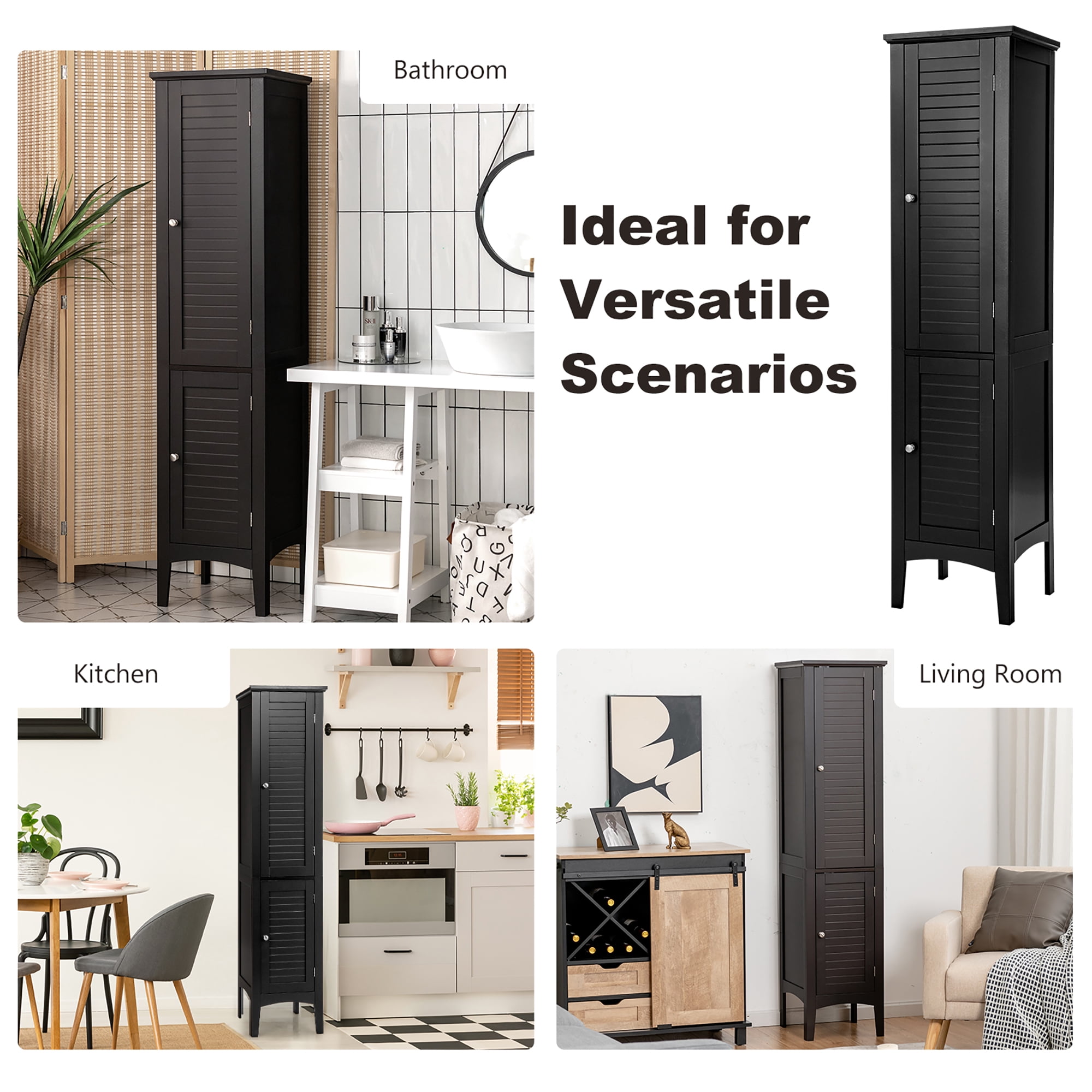Costway Freestanding Bathroom Storage Cabinet Linen Tower Kitchen Living Room Black