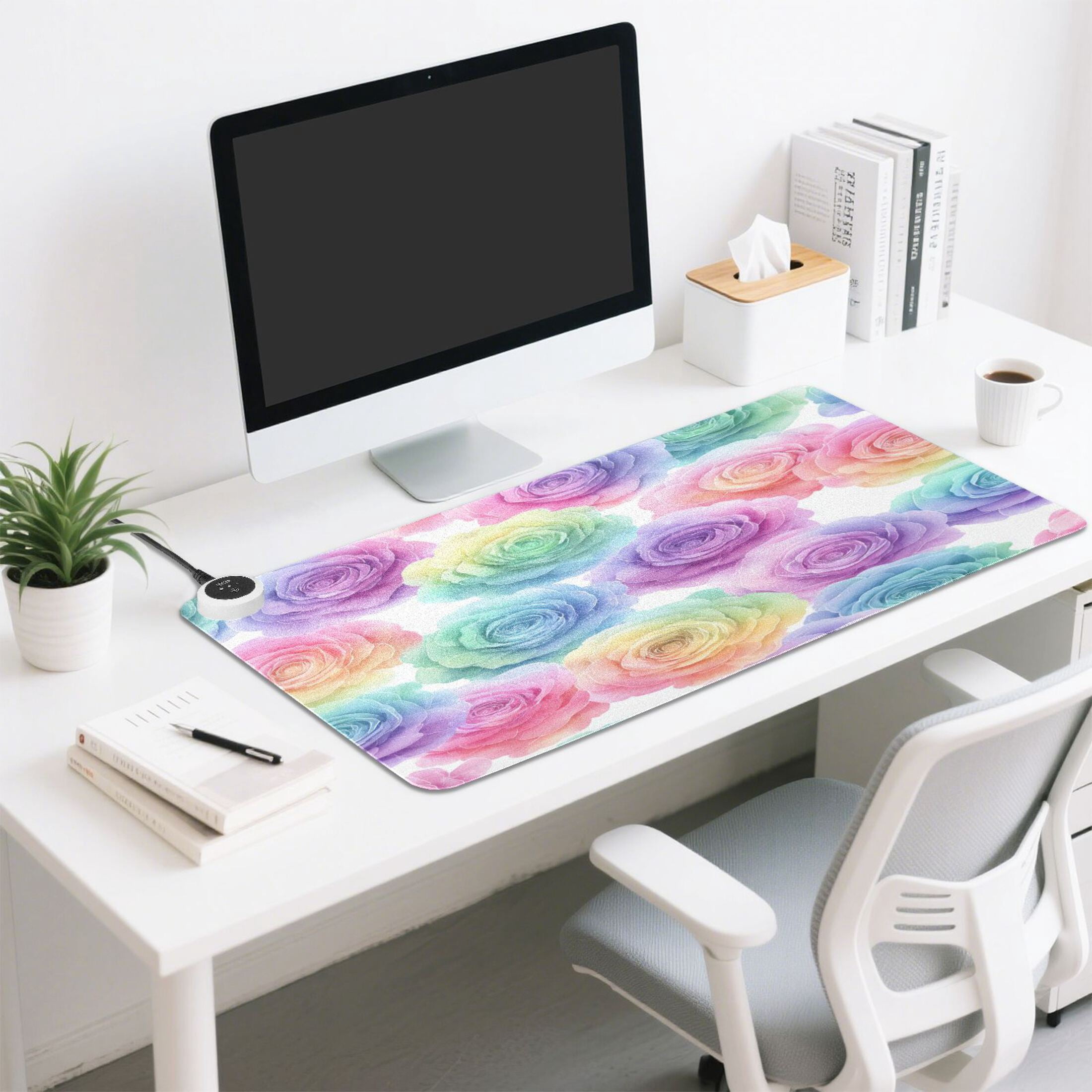 Large Heated Desk Mat Mouse Pad 31.5"x13"PU Leather Graphene Heating Desk Warmer with 3 Temperature Settings 110V US Plug Non-Slip Warm Pad for Home, Office, and Gaming Little Rainbow Rose Garden